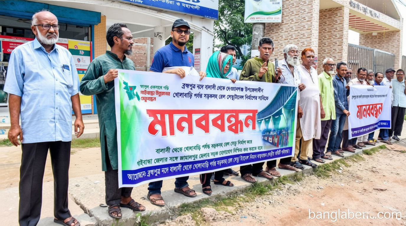 ব্রহ্মপুত্রে বালাসী-খোলাবাড়ী সেতুর দাবিতে মানববন্ধন