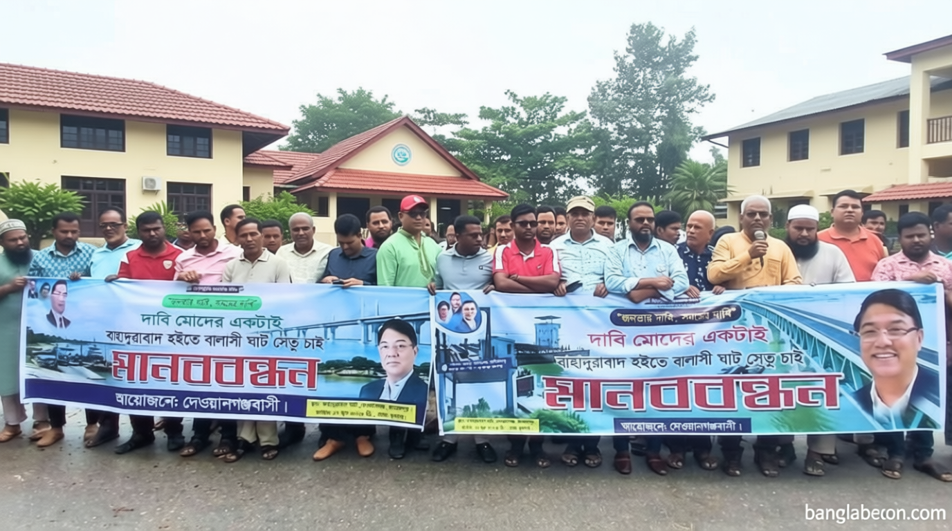 বাহাদুরাবাদ-বালাসী সেতু নির্মাণের দাবিতে মানববন্ধন