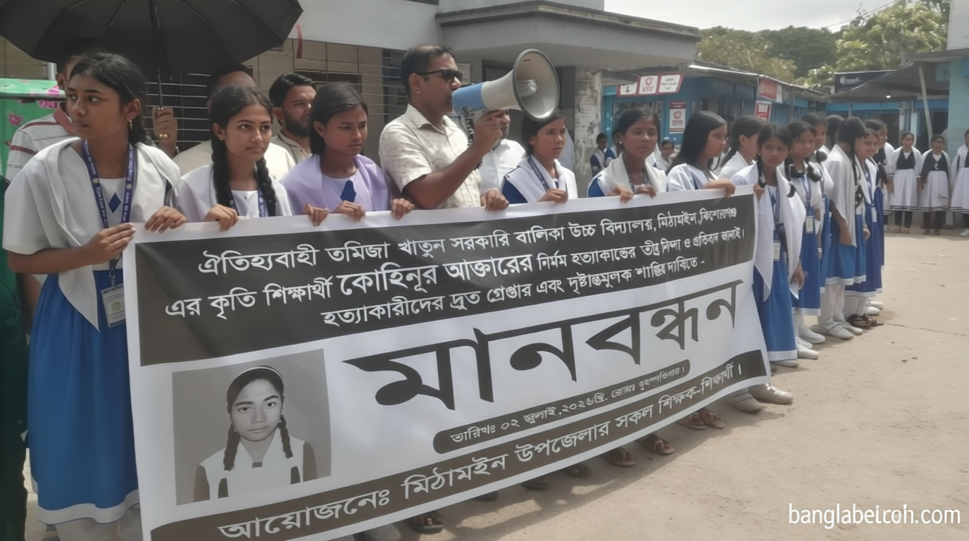 মিঠামইনে স্কুলছাত্রী কোহিনুর হত্যার বিচার দাবিতে বিক্ষোভ ও মানববন্ধন